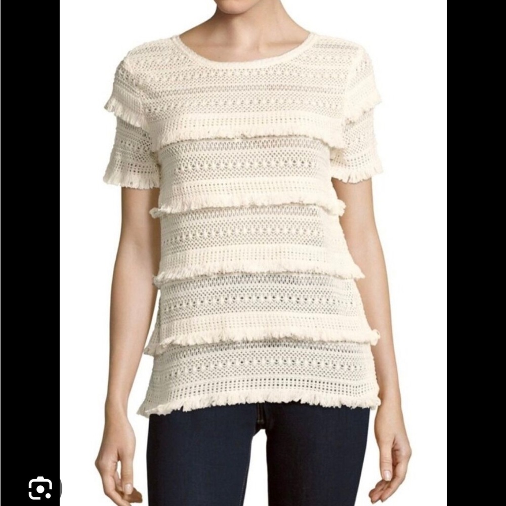 NEW JOIE Rafel Short Sleeve MSRP $230 Fringe Crotchet Cream Top Sz XS